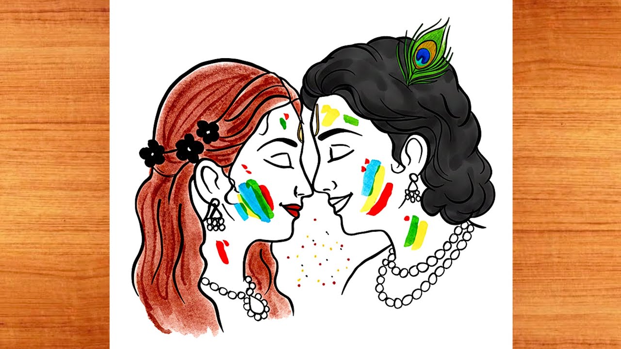 Draw With Me - Radha Krishna, Holi Drawing, Radha Krishna Drawing, Outline Tutorial 😍