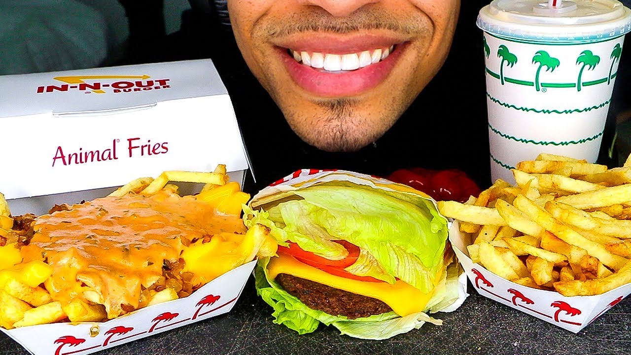ASMR IN N OUT SECRET MENU PROTEIN STYLE BURGER MUKBANG MILKSHAKE ANIMAL STYLE FRIES EATING SHOW