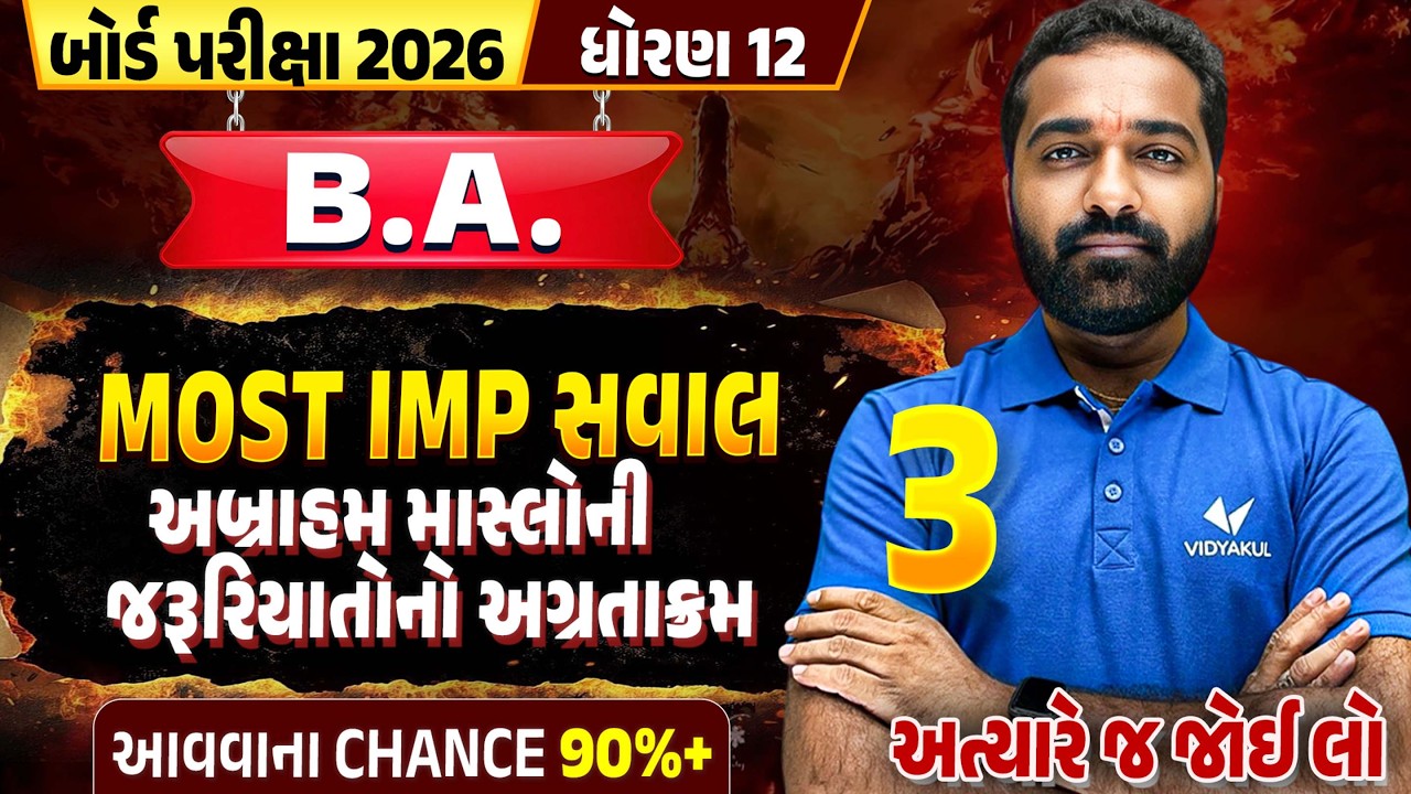 અબ્રાહમ માસ્લોની જરૂરિયાતોનો અગ્રતાક્રમ| Std 12 BA Most IMP Ques | Board Exam 2026 | Gujarati Medium