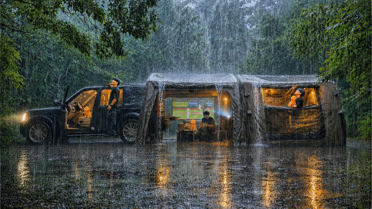 Heavy Rain Camping in a 10M 3 Spaces Inflatable Tent with My Dog . Sound of Rain ASMR