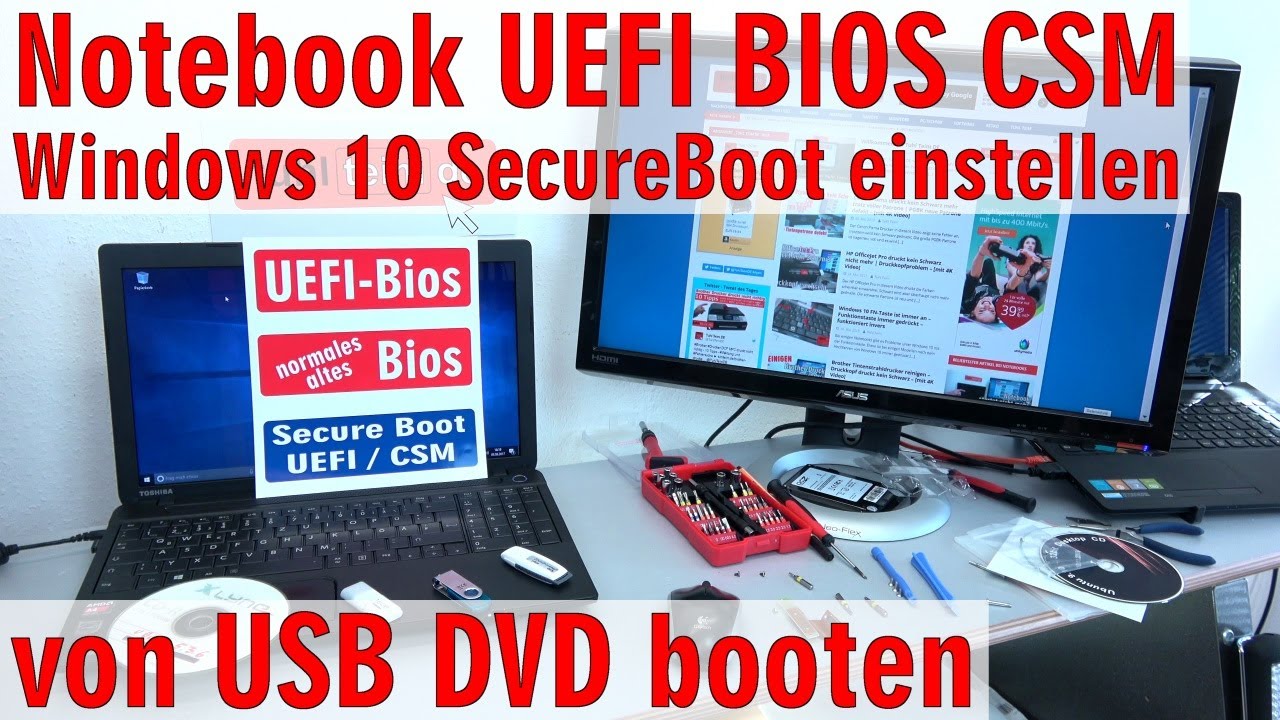 Notebook Laptop UEFI-Bios CSM - Windows 10 SecureBoot einstellen - von USB / DVD booten - [4K]