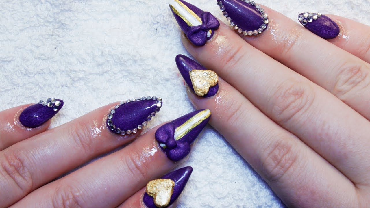 Sculpted Purple & Gold Almond Nails