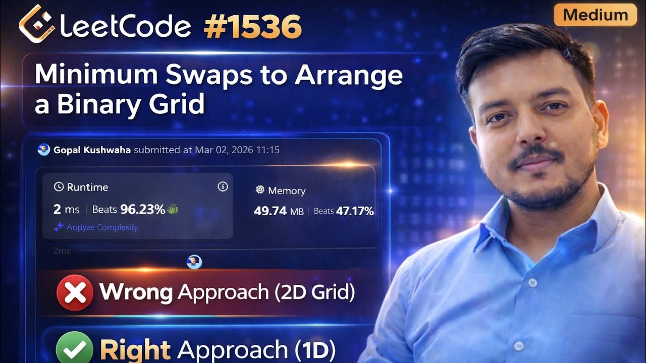LeetCode 1536 – Minimum Swaps to Arrange a Binary Grid | 2D to 1D Greedy Trick | Interview Approach