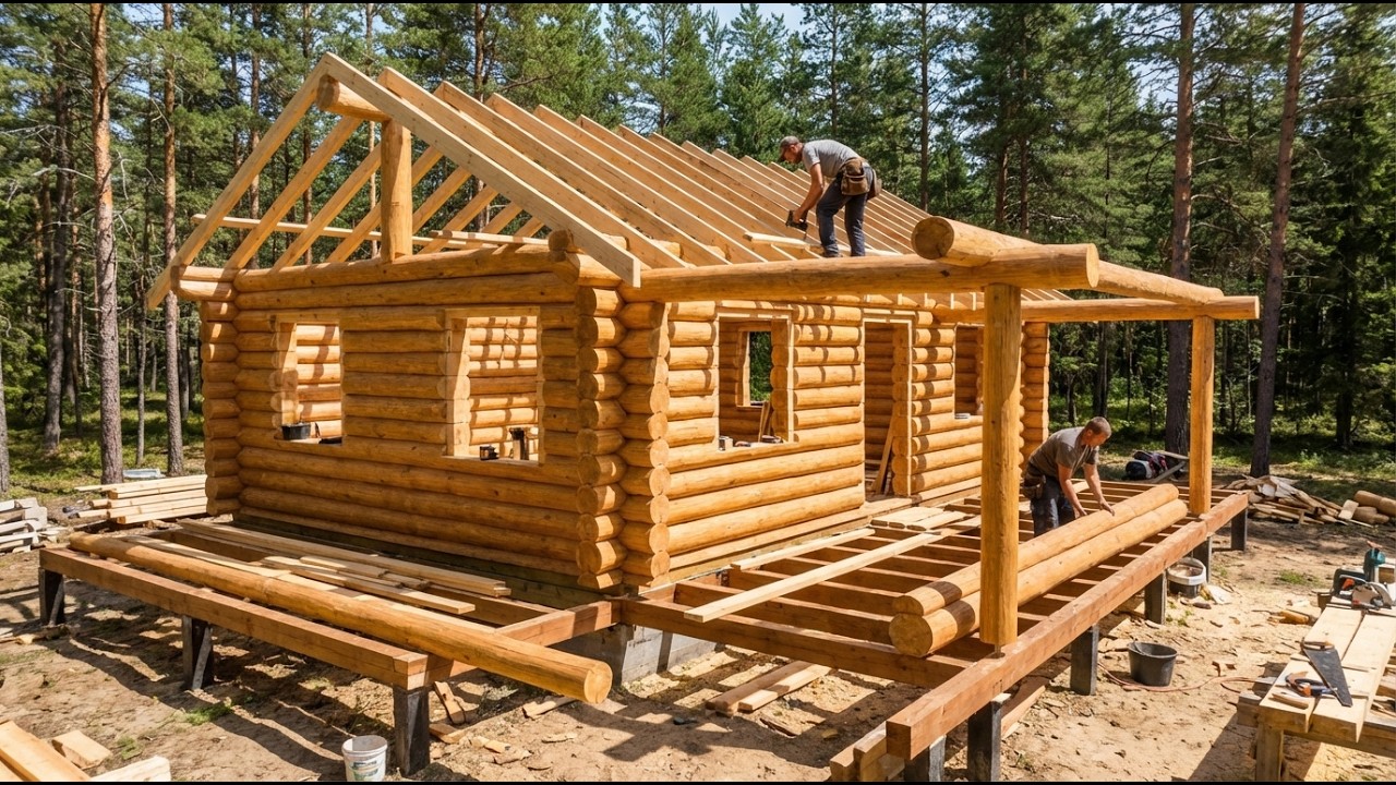 Father and Son Build a Warm Wooden Home in the Wild