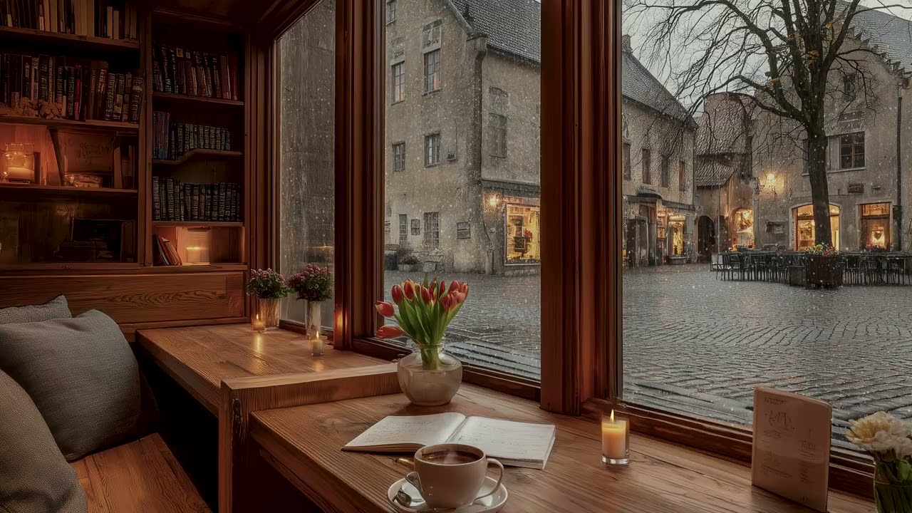 Warm Jazz Piano with Rain Sounds ☕ | Cozy Coffee Shop Ambience at Evening