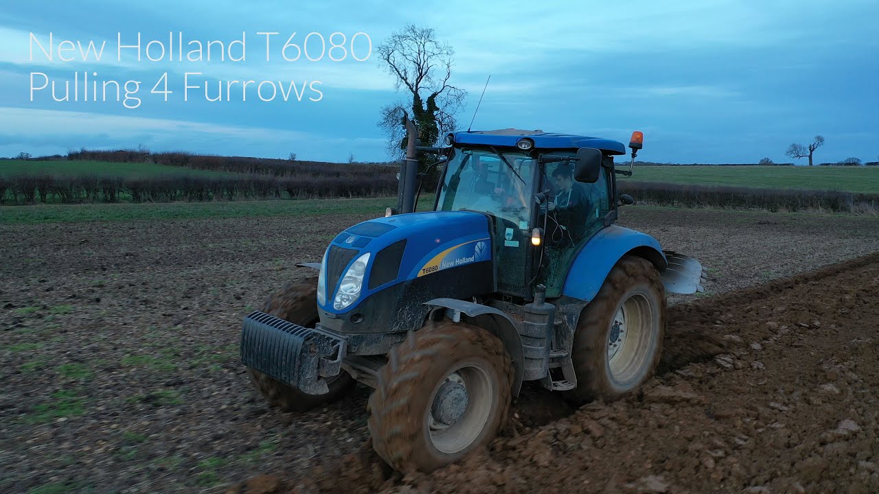 New Holland T6080 Pulling a 4 Furrrow (Camera & Drone) In 2019
