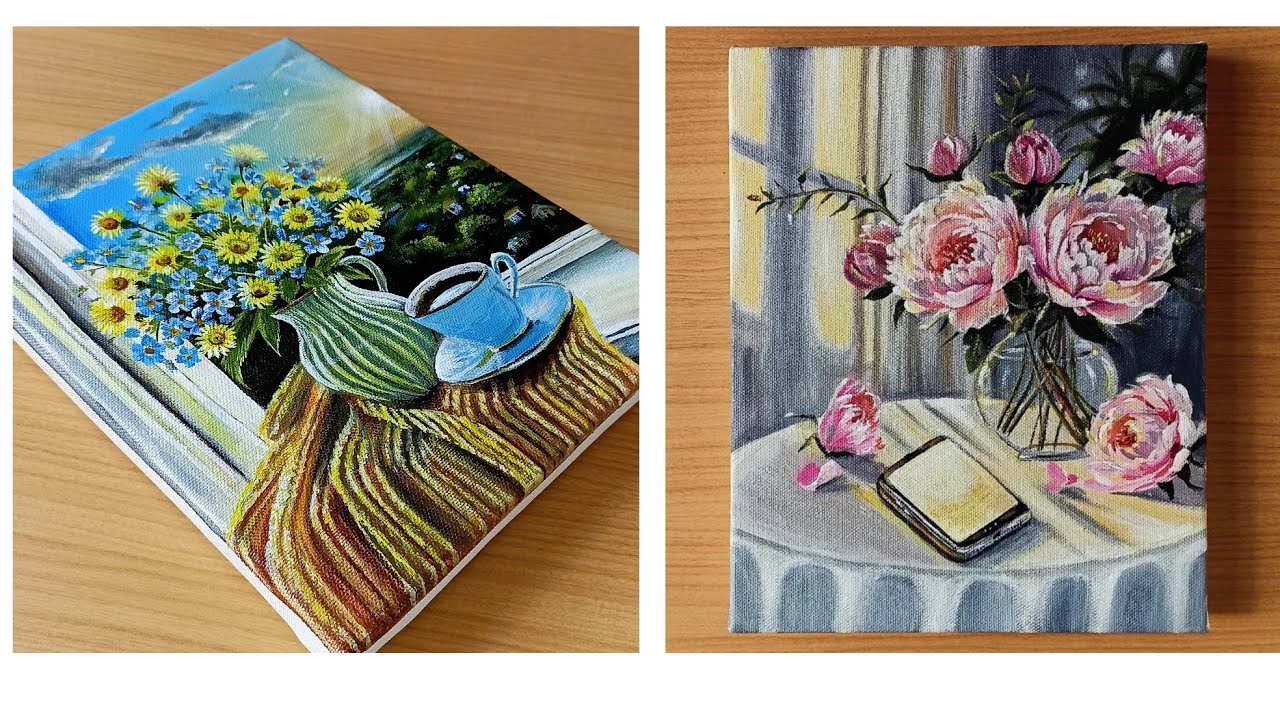 Two Different Vase of Flowers Painting//Time lapse acrylic painting//Art Paintings