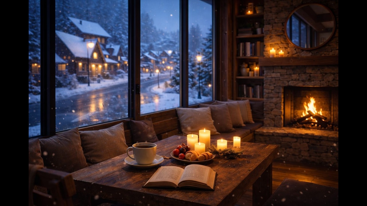Snowstorm Night Café Ambience ☕❄️ Soft Jazz & Fire Sounds for Sleep, Study & Relax