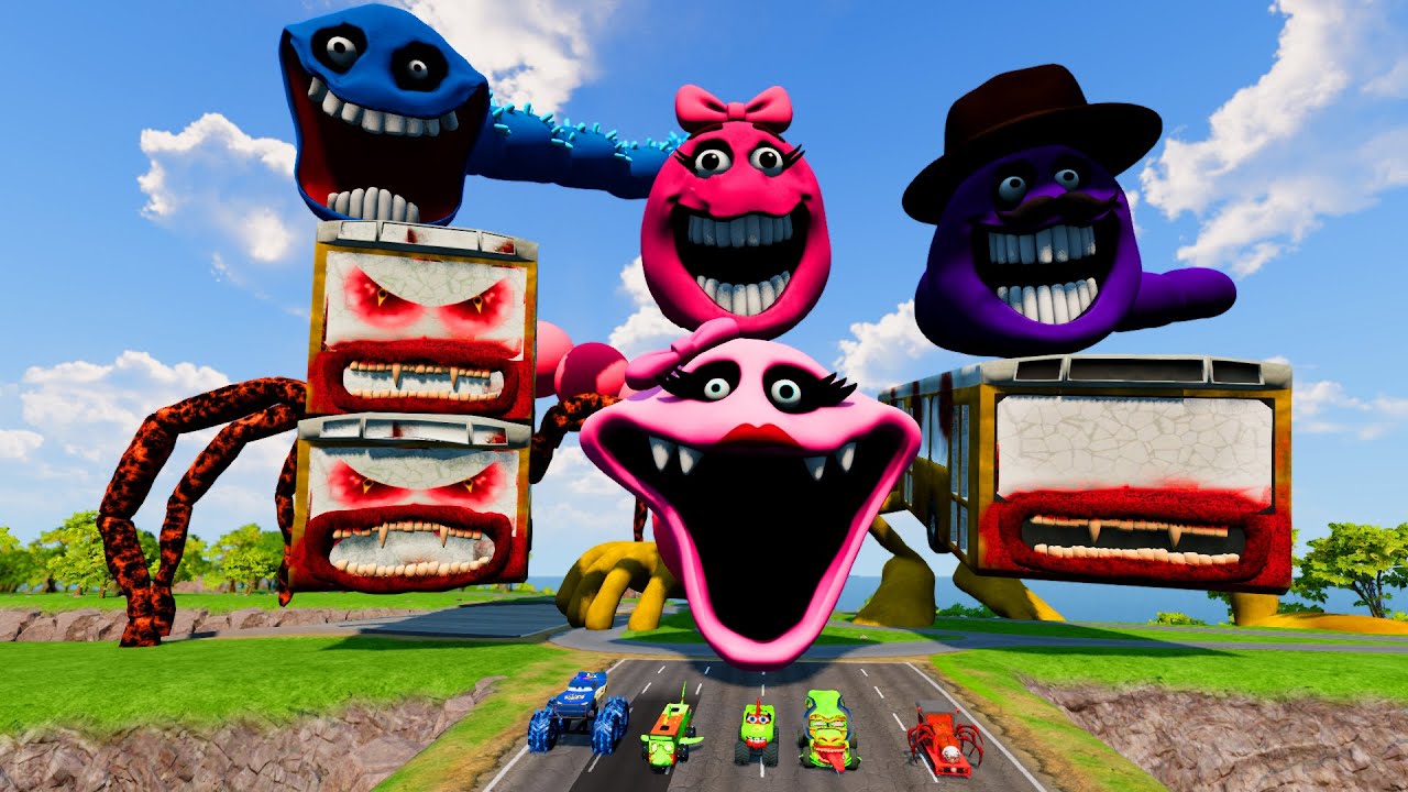 MONSTERS McQueen Transportation Triple Flatbed Trailer with BUS EATER vs HUNGRY WORM - BeamNG