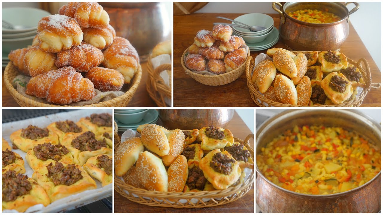 وجبة غداء /عشاء و كوتي: دونات كروسان معجنات لحم بعجين و باغيط شوربة الخضر و المقرونية