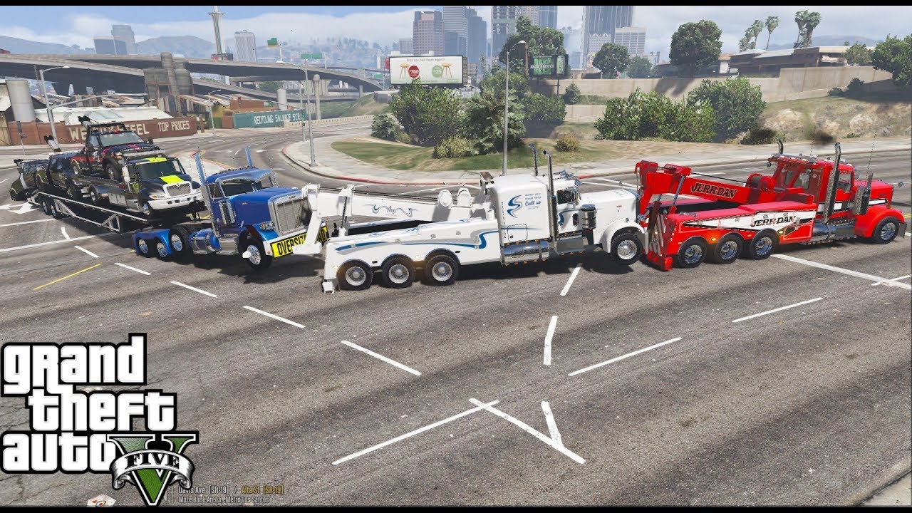 Реальный мод GTA 5 № 156: Тяжёлый эвакуатор Kenworth W900, который тянет 5 эвакуаторов в мой новы...