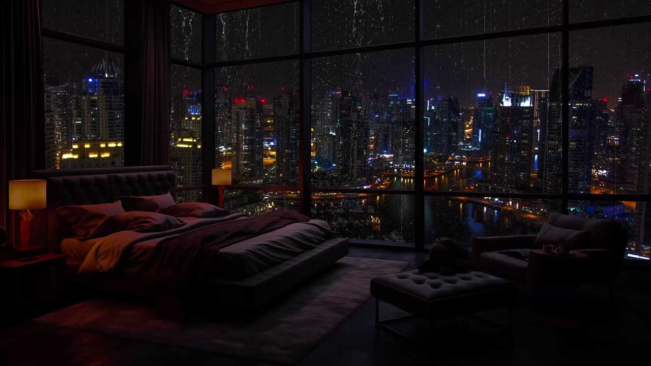 Cozy Apartment Space With Rain At Night In The City For Good Sleep And Relaxation