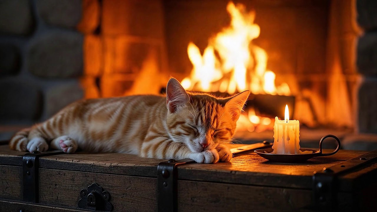 Stress Relief Feline Music 432Hz 🐈 Warm Fireplace Ambience For Calm Sleep, Healing, And Balance