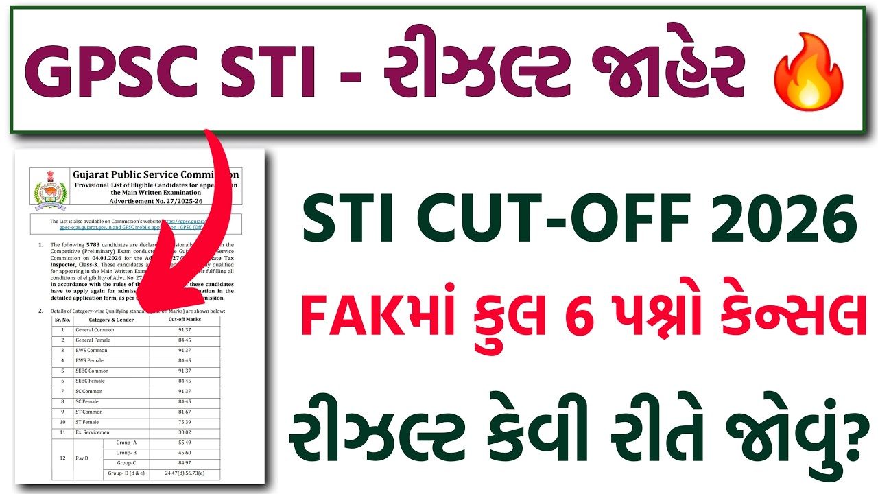 STI Prelims Result જાહેર 🔥 STI Marks કેવી રીતે જોવા? STI Cut-Off 2026 | FAK પ્રમાણે 6 પશ્નો કેન્સલ