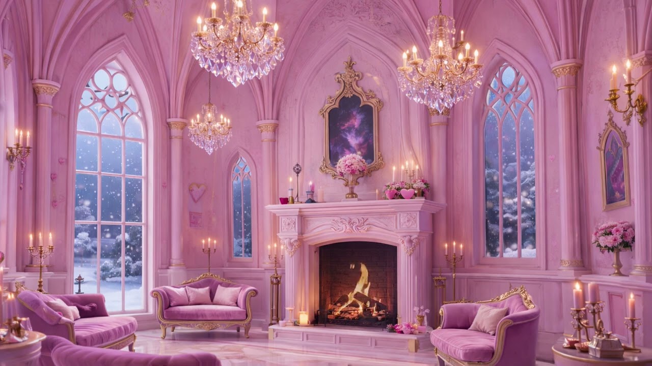 💗✨ Enchanted Blush Castle | Snowfall, Fireplace Sounds  & Dreamy Ambient Music (10 Hours)