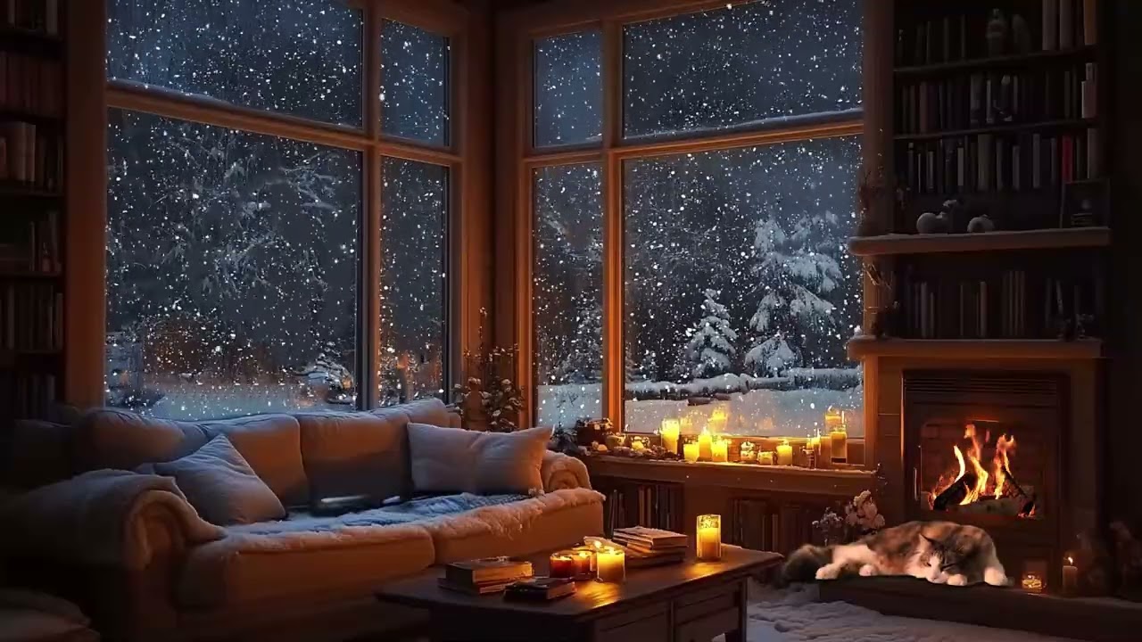Cozy Winter Fireplace Night 🎹 Soft Piano by the Fire, Snowfall Outside | No Ads Sleep – 3 Hours
