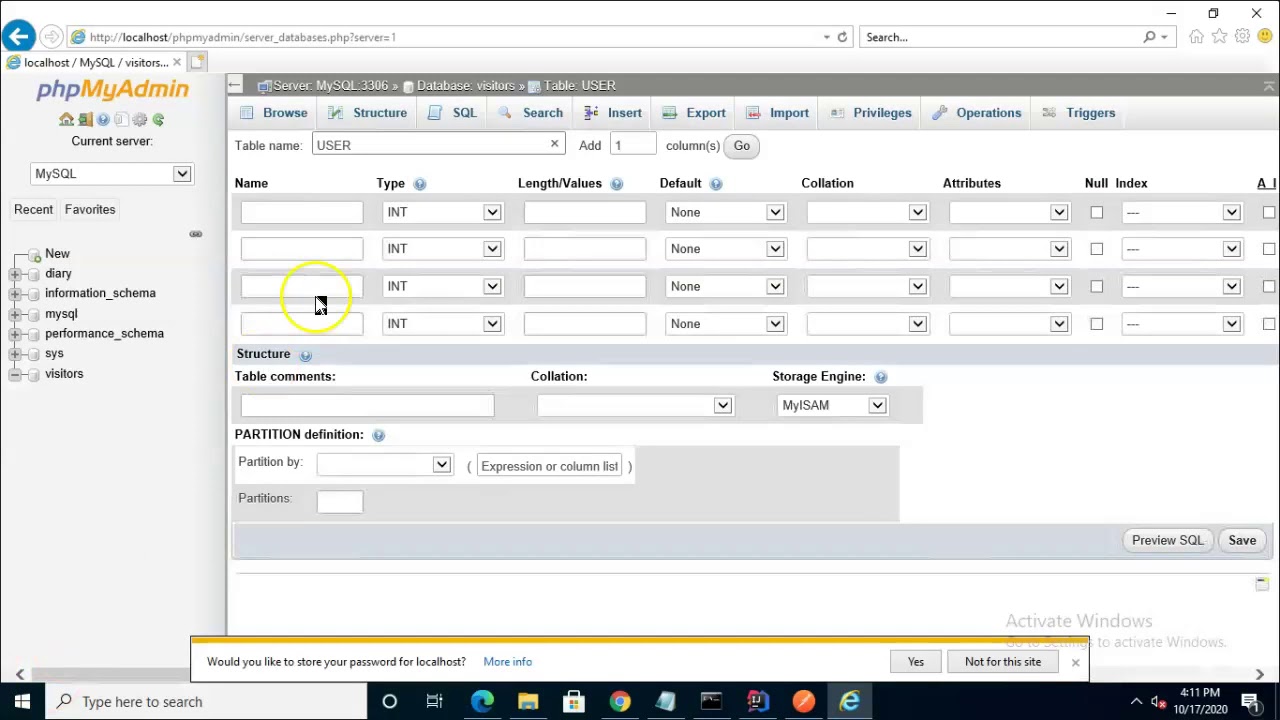 Create a database and table in MySQL with phpMyAdmin