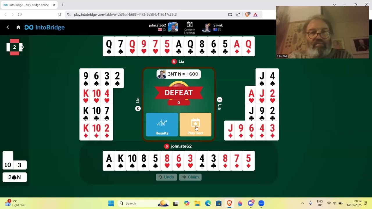 Me versus a top bridge player (Peter Hollands) - 13th January 2025