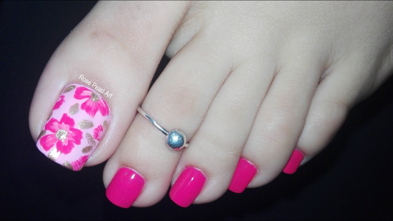 Elegant Pink Floral Toe Nail Art Tutorial- Summer Pedicure Design with Gold Touch | Rose Pearl
