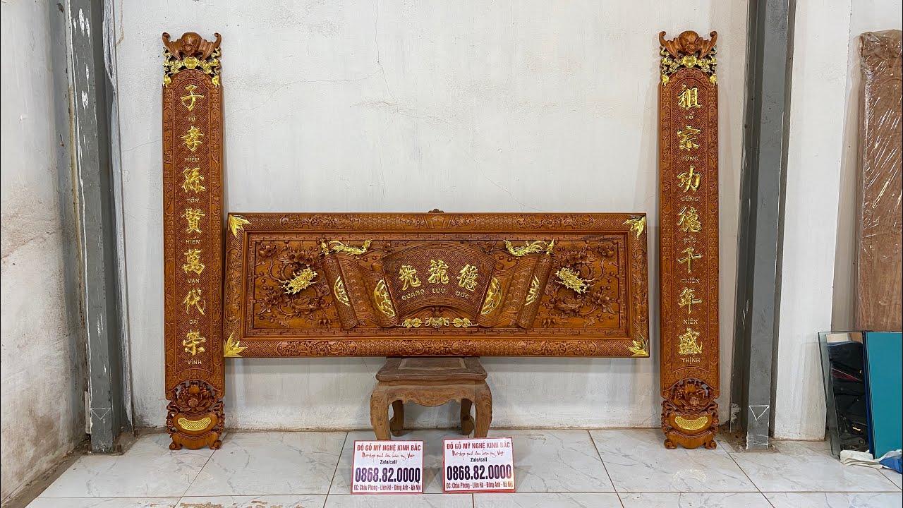 Bộ Hoành Phi Câu Đối Gỗ Gụ Lào - Đục Mẫu Lồng Mai Hoá - 0868.82.0000