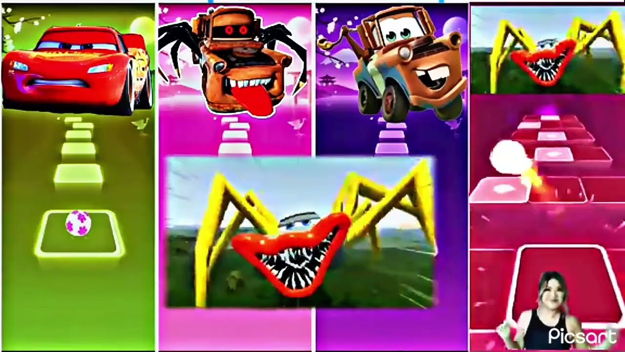 McQueen🚨 🆚 Monster Mater💀 🆚 Spider Car🦸🏿‍♂️ | Tiles Hop 🎶