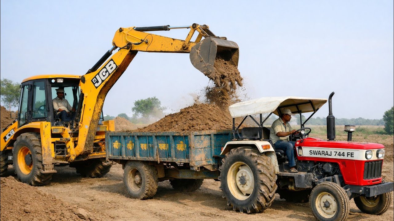 JCB 3DX Eco Xtra Machine Plotting mud Loading Tractor | Swaraj 744 FE Tractor trolley | jcb tractor 
