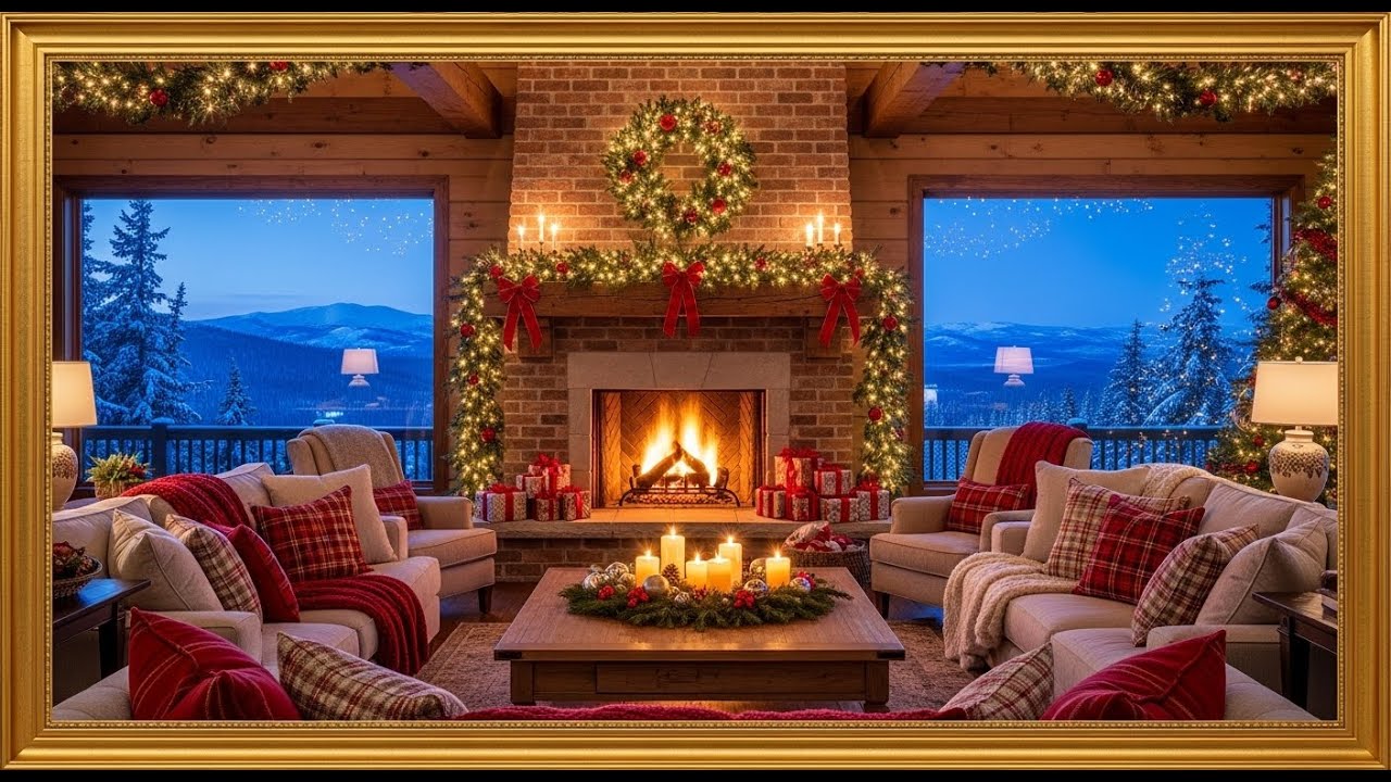 Frame TV Art With Music: Luxurious Christmas Cabin Living Room with Cozy Fireplace and Mountain View