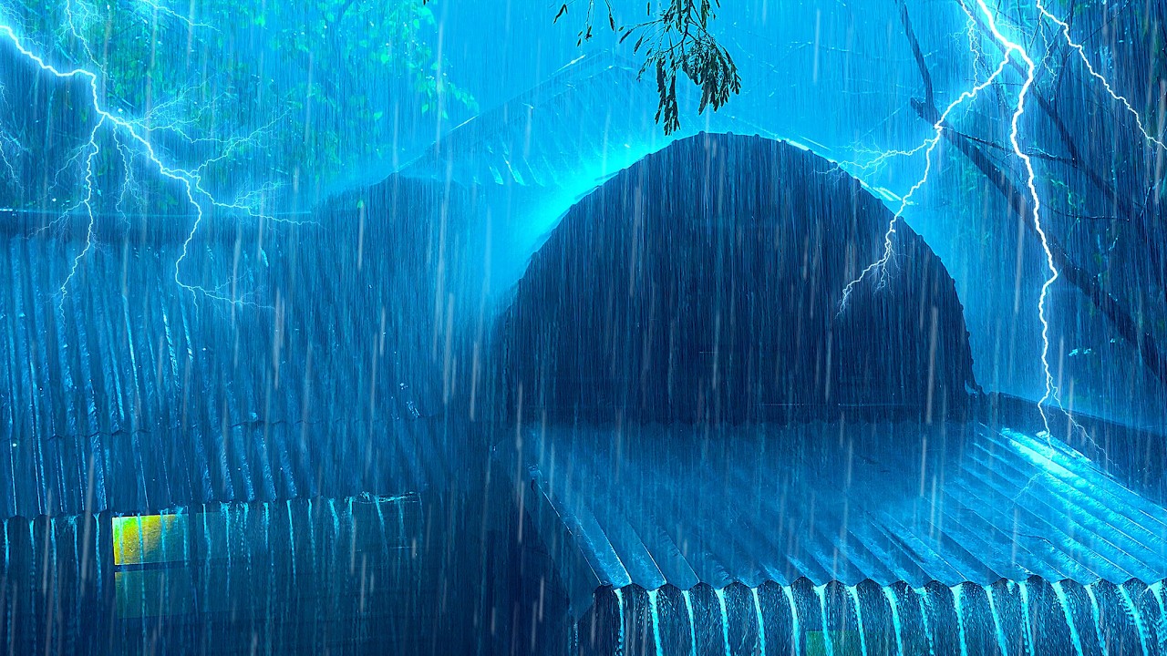 Adiós al insomnio con lluvia y truenos gruñidos en un techo de hojalata rancio en un bosque turbio
