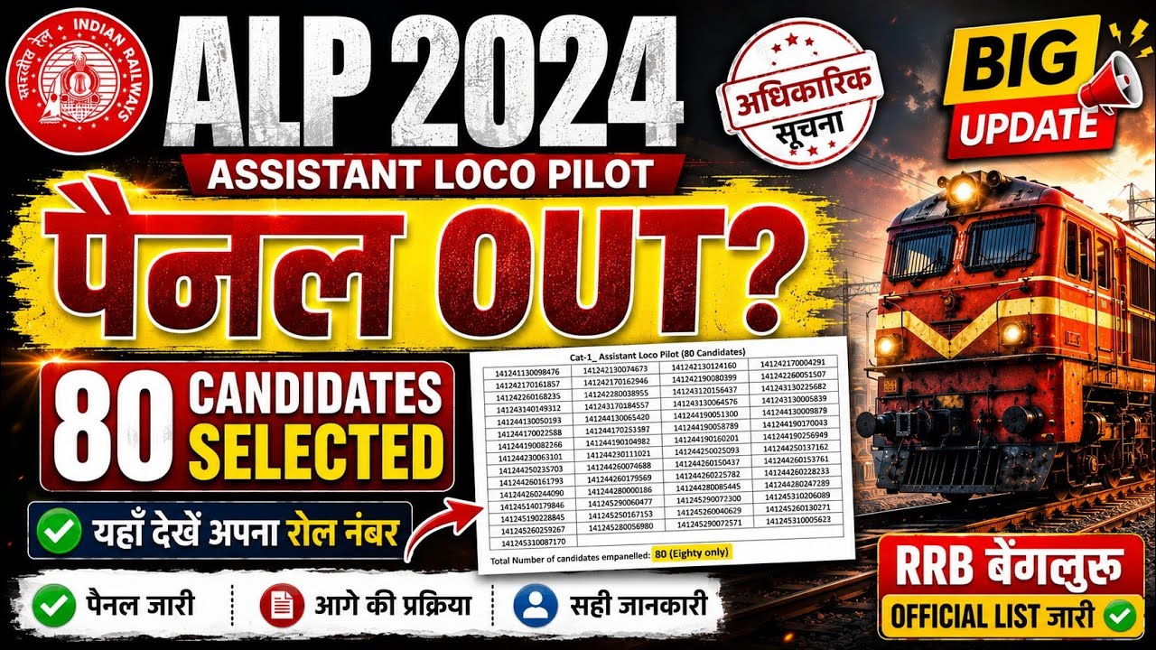 🚨 ALP 2024 बड़ा अपडेट 🔥 RRB Bengaluru का पैनल OUT | 80 अभ्यर्थियों का चयन | Official List जारी ✅ 