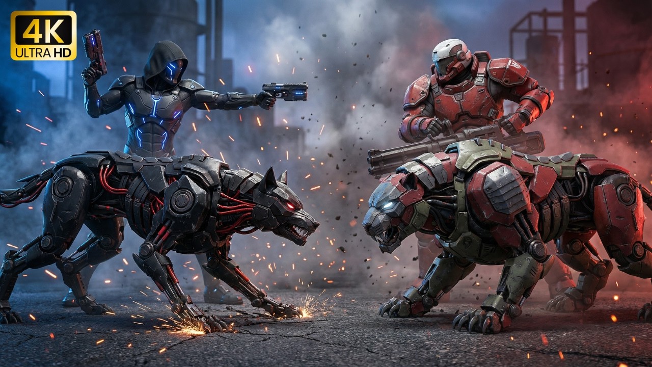 Cyber Warrior & Mech Wolf vs Crimson Soldier | Post-Apocalyptic Showdown