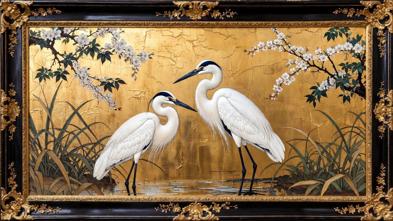Frame TV Art 4K - Vintage Gold Leaf Heron Painting - Framed Art With Music