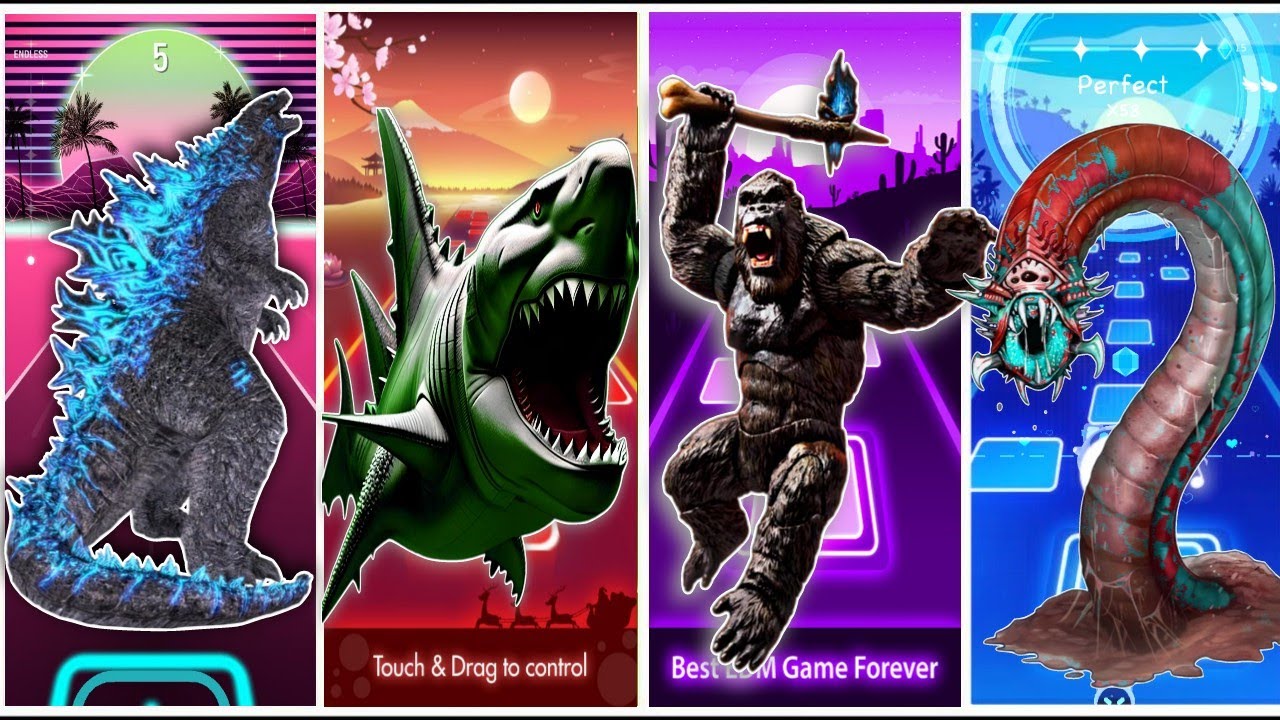 Jurassic World Godzilla 🆚 Megolodon 🆚King Kong🆚 Erosion-worm // Coffin DanceSong TilesHop