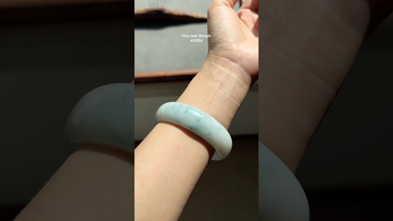 #0384 Icy Bluish Green Flower Wide Jade Bangle Size 61.7 #huajade #banglebracelet #jade