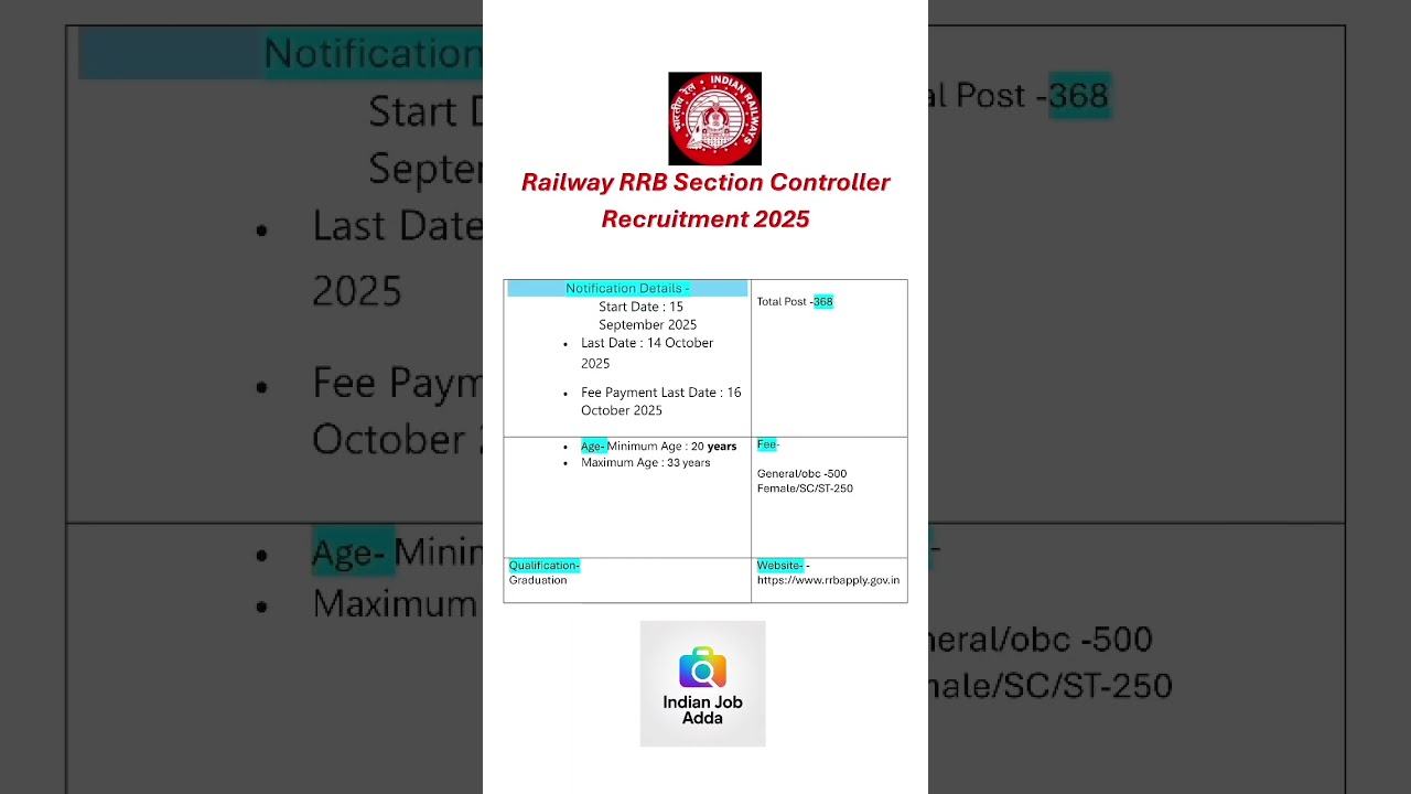 RRB section controller recruitment 2025#New job update #Job adda#indiajobs