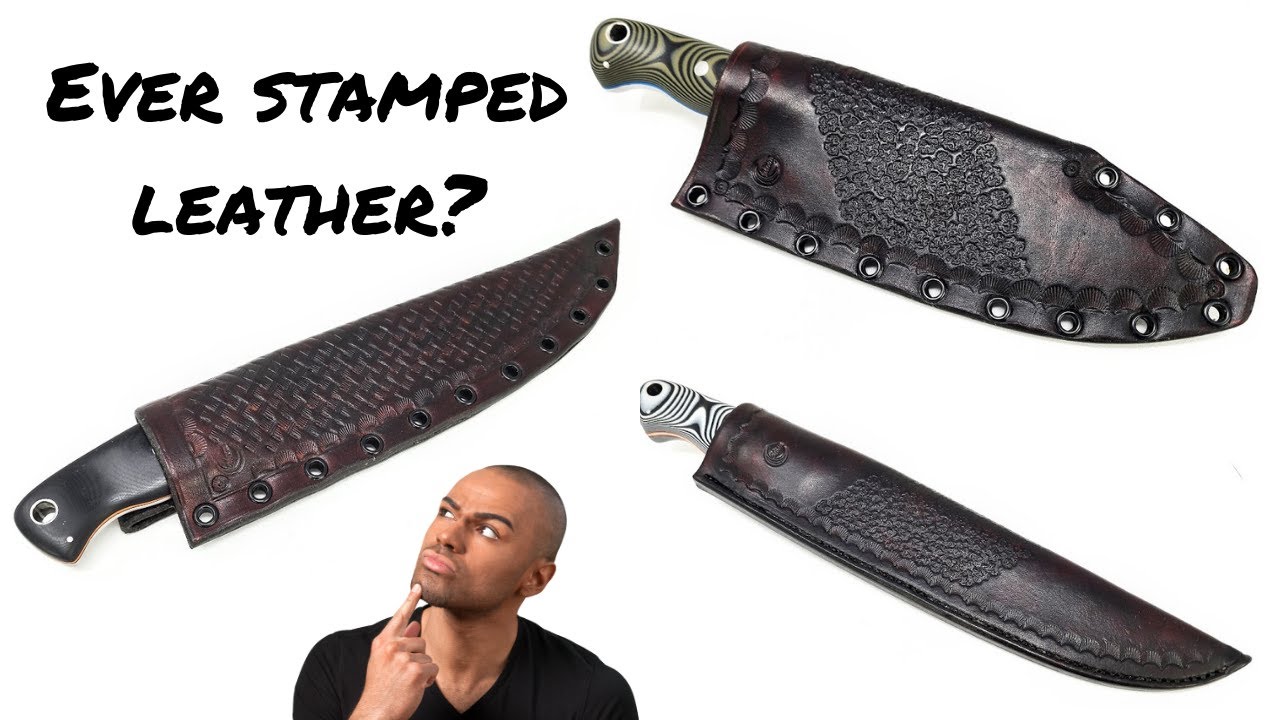 Hand stamping a basket weave pattern on a leather knife sheath | knife making