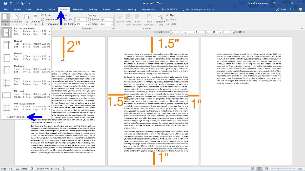 การตั้งค่าระยะขอบกระดาษแต่ละหน้า และหน้าที่เริ่มขึ้นบทใหม่ใน Word