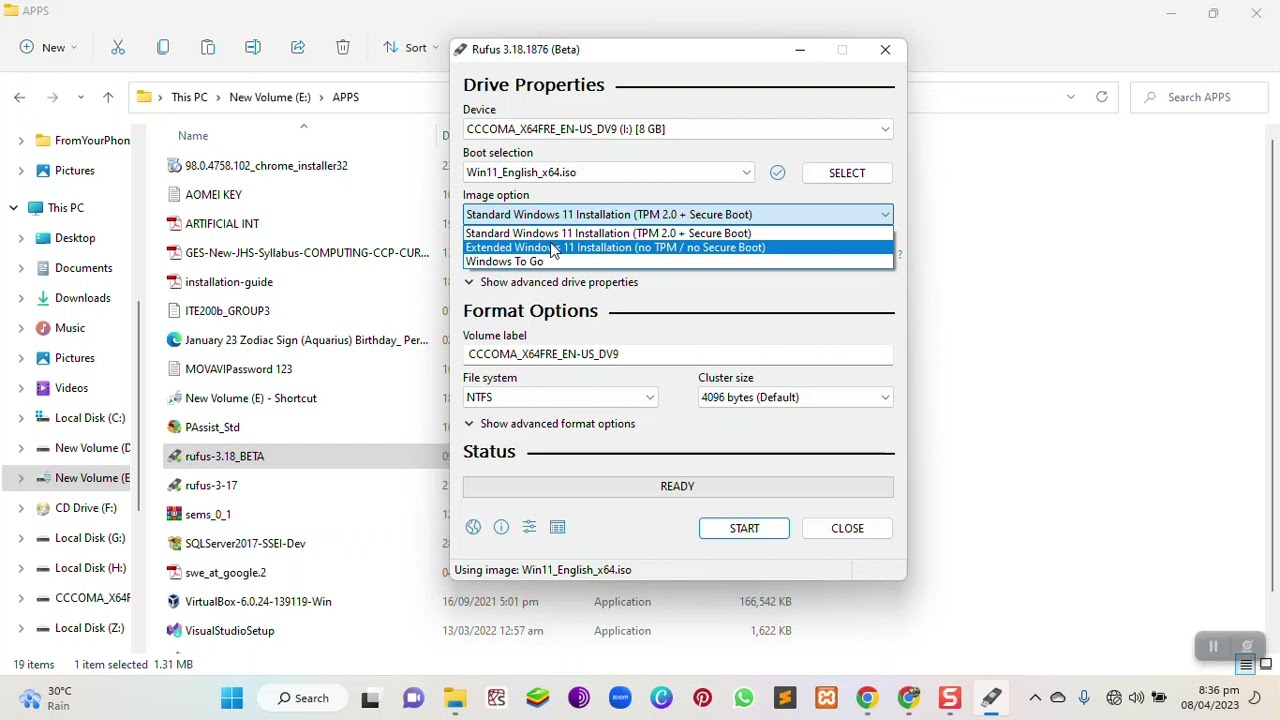 RUFUS 3 18 BETA VERSION TO CREATE BOOTABLE FILE OF WINDOWS 11 FOR OLD COMPUTERS