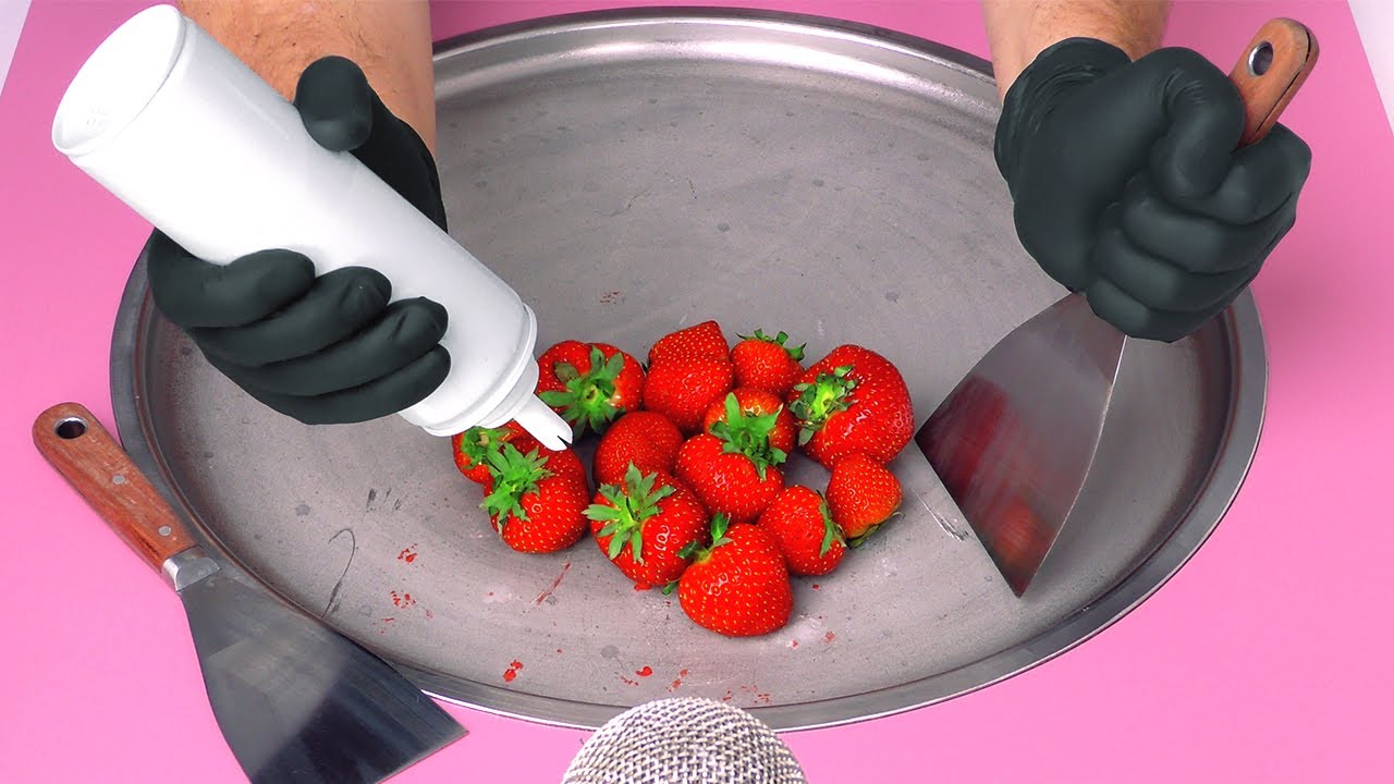 ASMR | Strawberry & Cream - how to make Ice Cream Rolls with fresh Strawberries and Whipped Cream