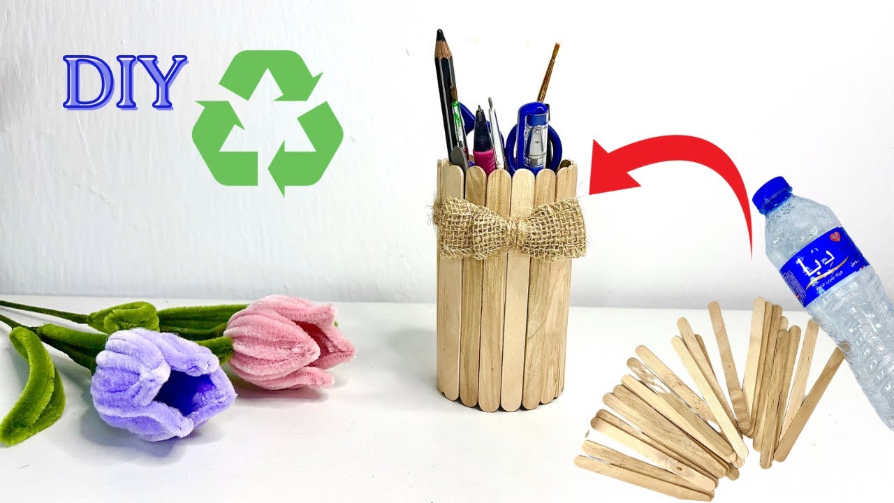 DIY Stationery Holder | Plastic Bottle & Popsicle Stick Craft | Easy Organizer ✏️ @beetlescrafts