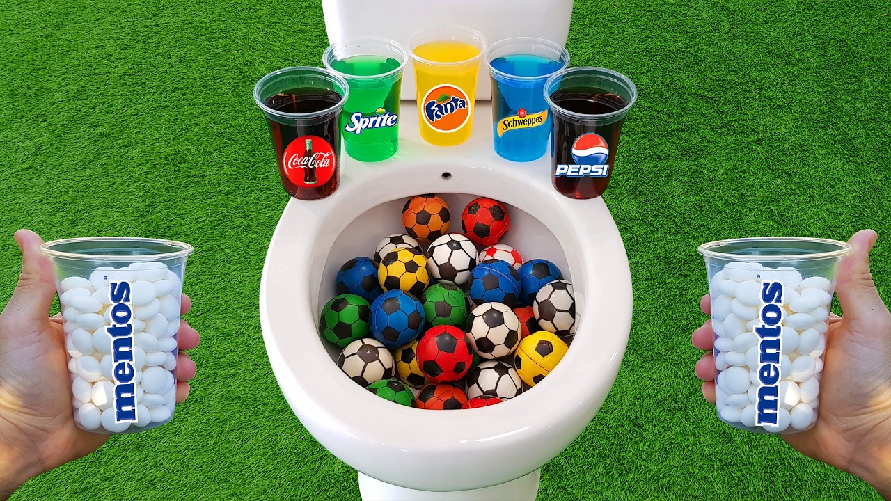 Football VS Fruko, Coca Cola, Fanta, Sprite, Pepsi and Mentos in the toilet