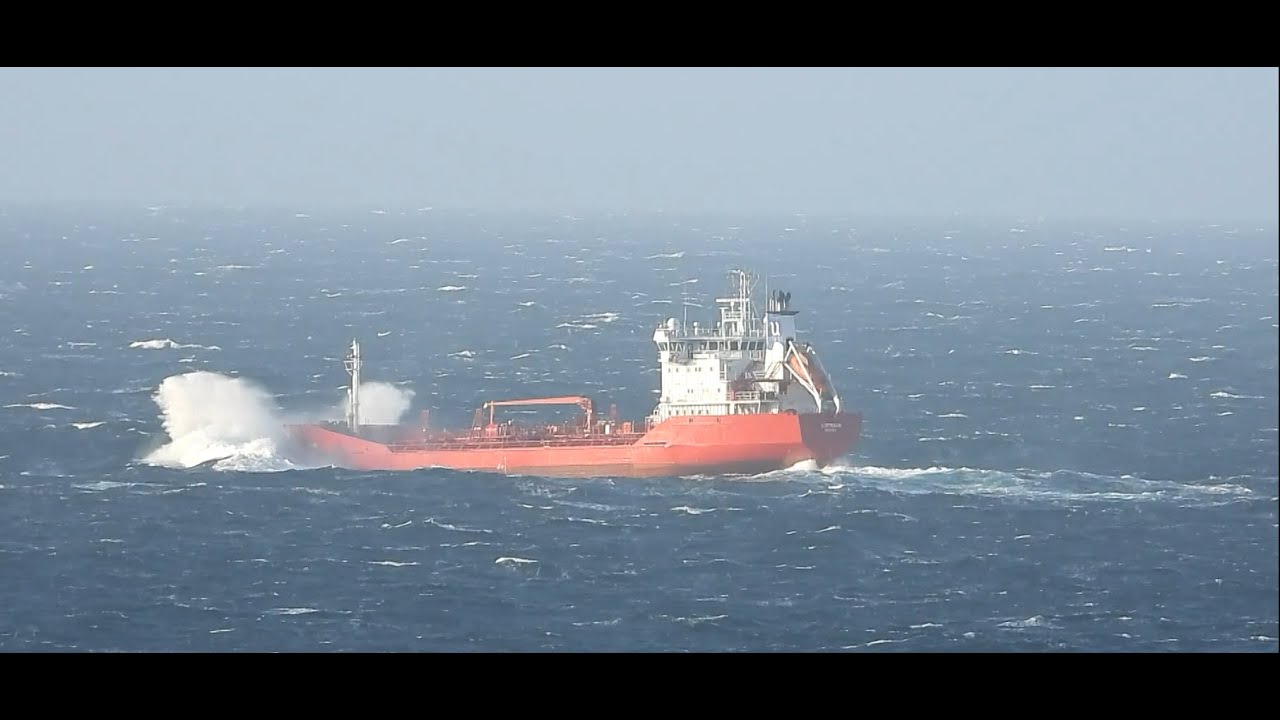 Ship in stormy weather on the west coast of Norway.
