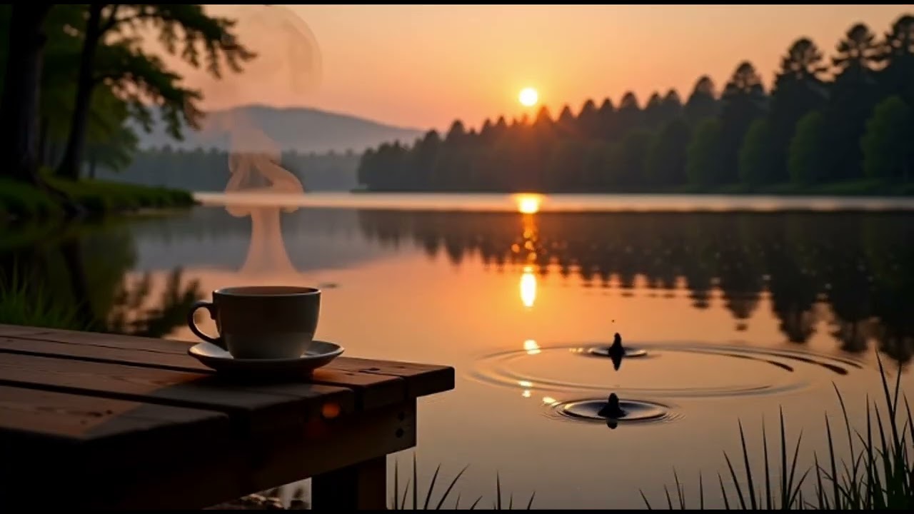 Golden Hour Jazz ☕ Steaming Coffee by the Lake | Calm Water Drops Ambience