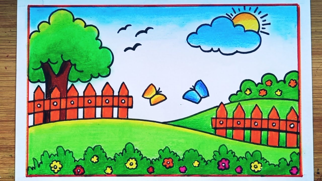 Beautiful Garden Drawing Easy/Garden Scenery Drawing/Flower Garden Scenery Drawing Easy