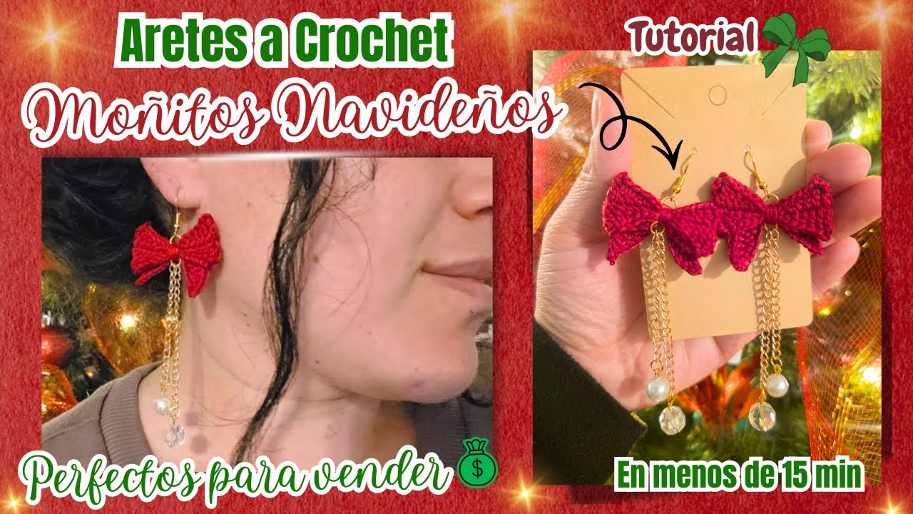 TEJE ESTOS EN MENOS DE 15 MIN y tus VENTAS subiran|Aretes Navideños Moñitos a crochet FACIL Y RAPIDO