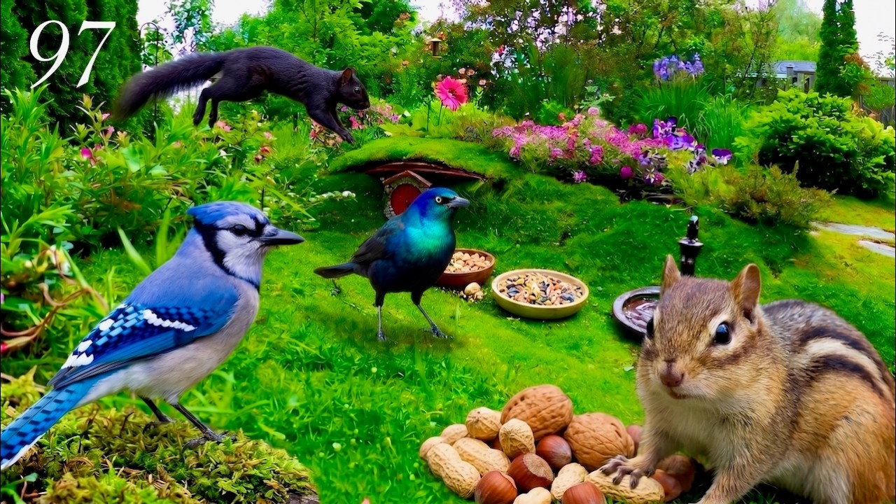 Cat TV: Chipmunks, Birds and Squirrels in a Beautiful Garden. 4K. Episode 97