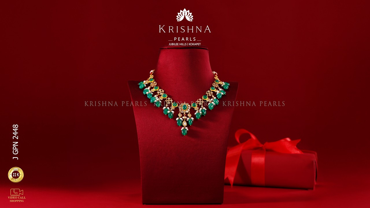 22K Gold Pearl Necklace with CZ & Stone Detailing | Bridal & Festive Jewellery | Krishna Pearls