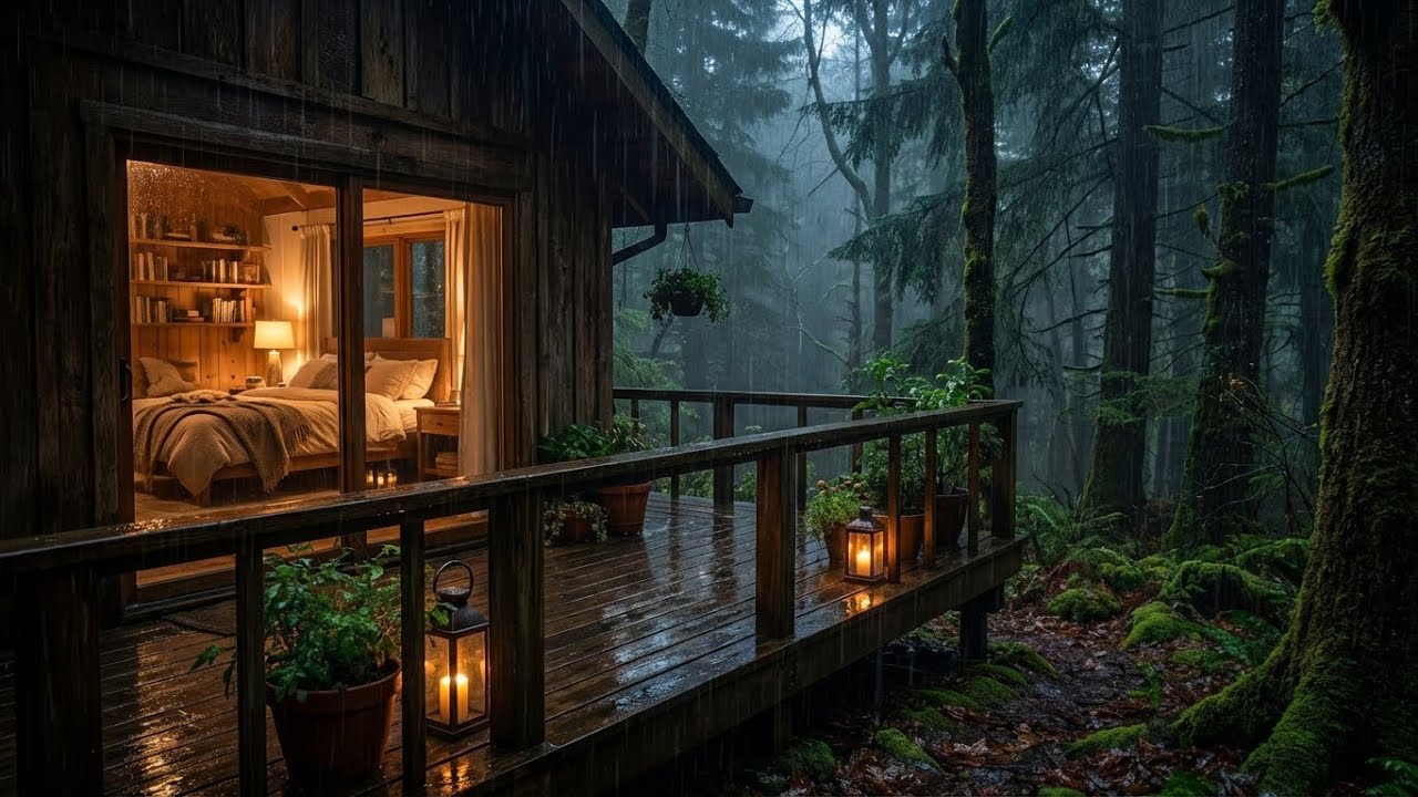 Deep Sleep: Rain on Forest Cabin & Soft Piano Music for Sleeping in Warm Wooden Bedroom 🌙