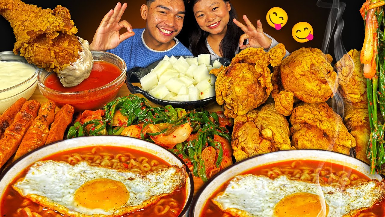 Homemade KFC Fried Chicken + Soupy Shin Ramen Mukbang | Kimchi/Sausages | Guffbang ft. @mrgole8