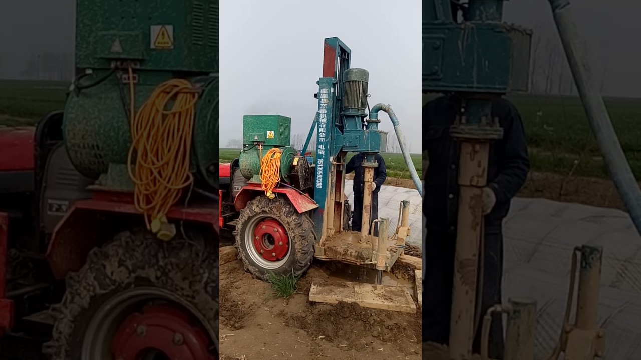 Tractor hydraulic water well drilling rig working site
