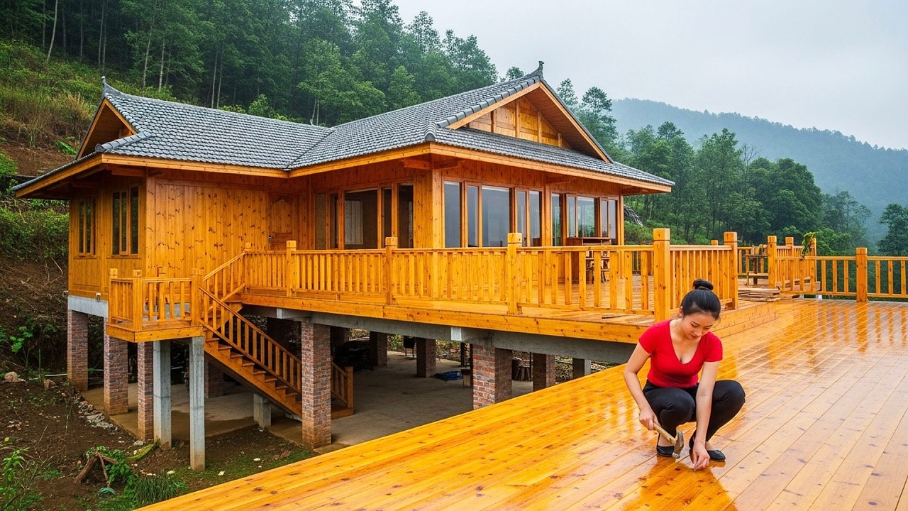 Building a Wooden Terrace by Hand – Constructing a Kitchen Stove in a Peaceful Natural Living Space.